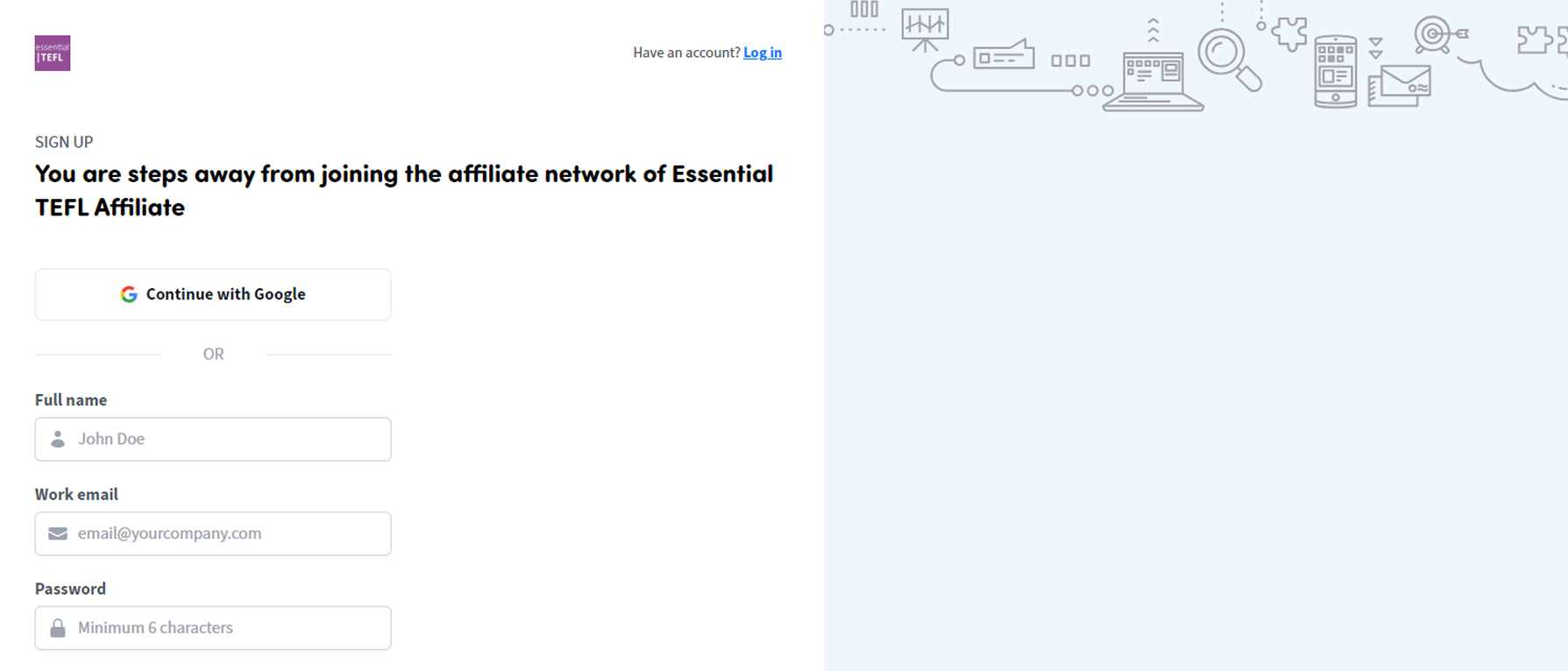Essential TEFL Affiliate Sign-Up Screenshot