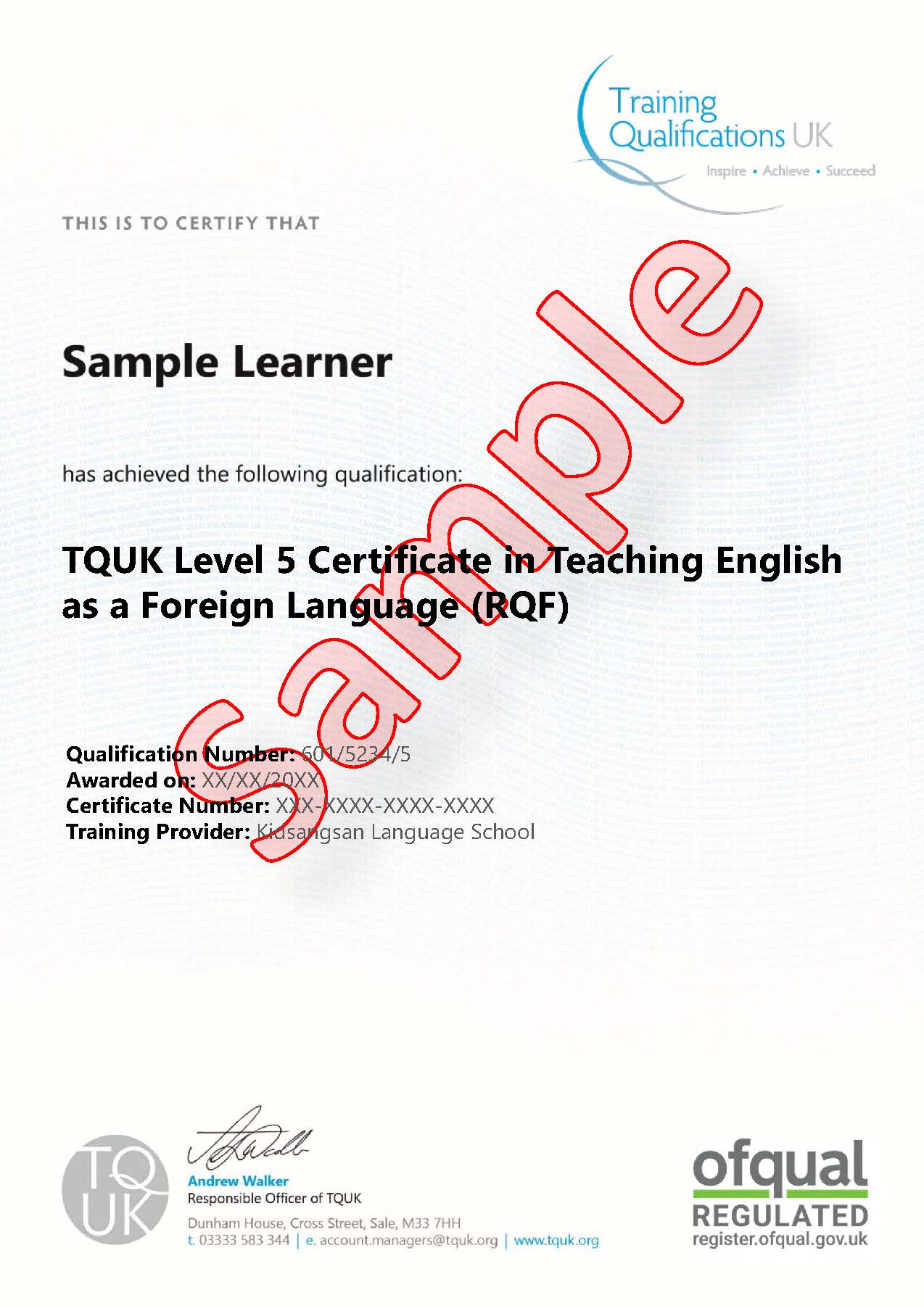 TQUK Level 5 TEFL Certificate Example