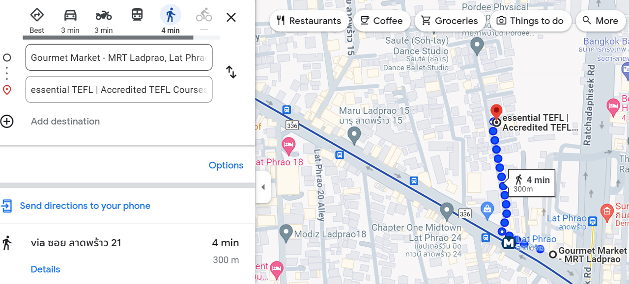 Google Map showing walking route to Essential TEFL from Lat Phrao MRT Station
